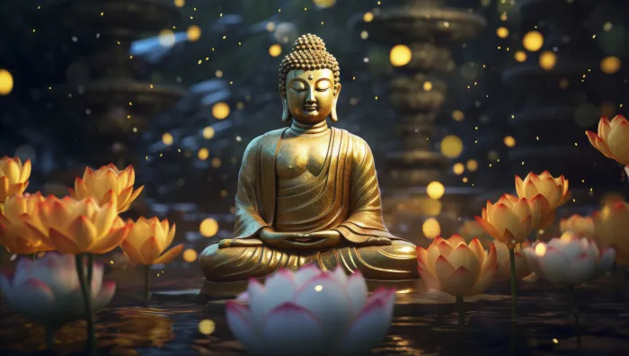 Golden Buddha statue meditating among pink and golden lotus flowers in a calm pond with glowing bokeh lights. | PrintPosters.in